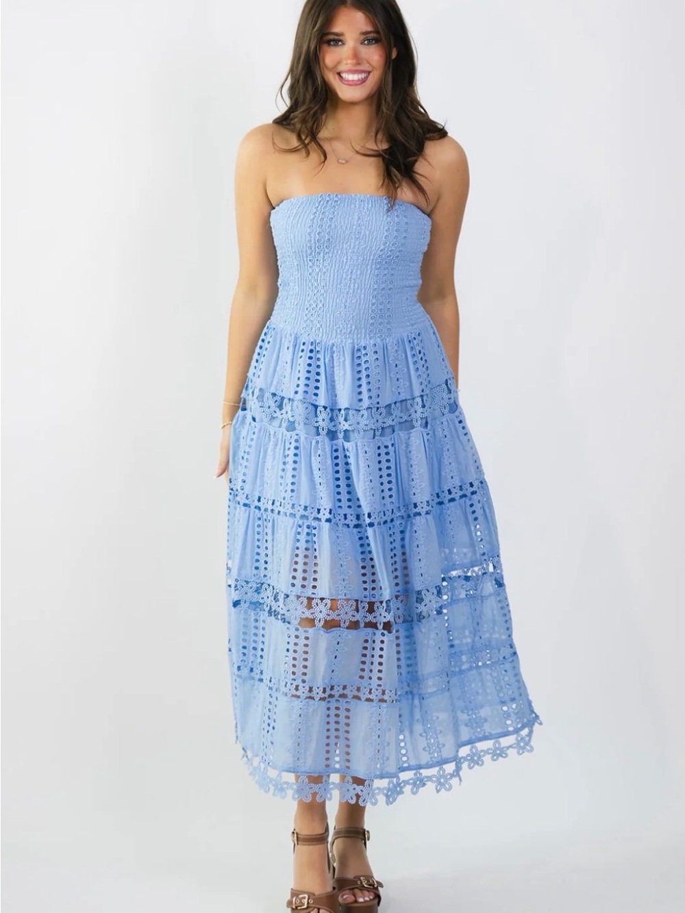 Strapless Eyelet Maxi Dress in Light Blue